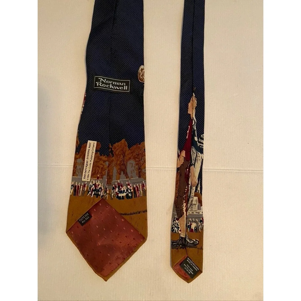 Norman Rockwell Mens Silk Tie Saturday Evening Post Vintage Football Brown Blue
